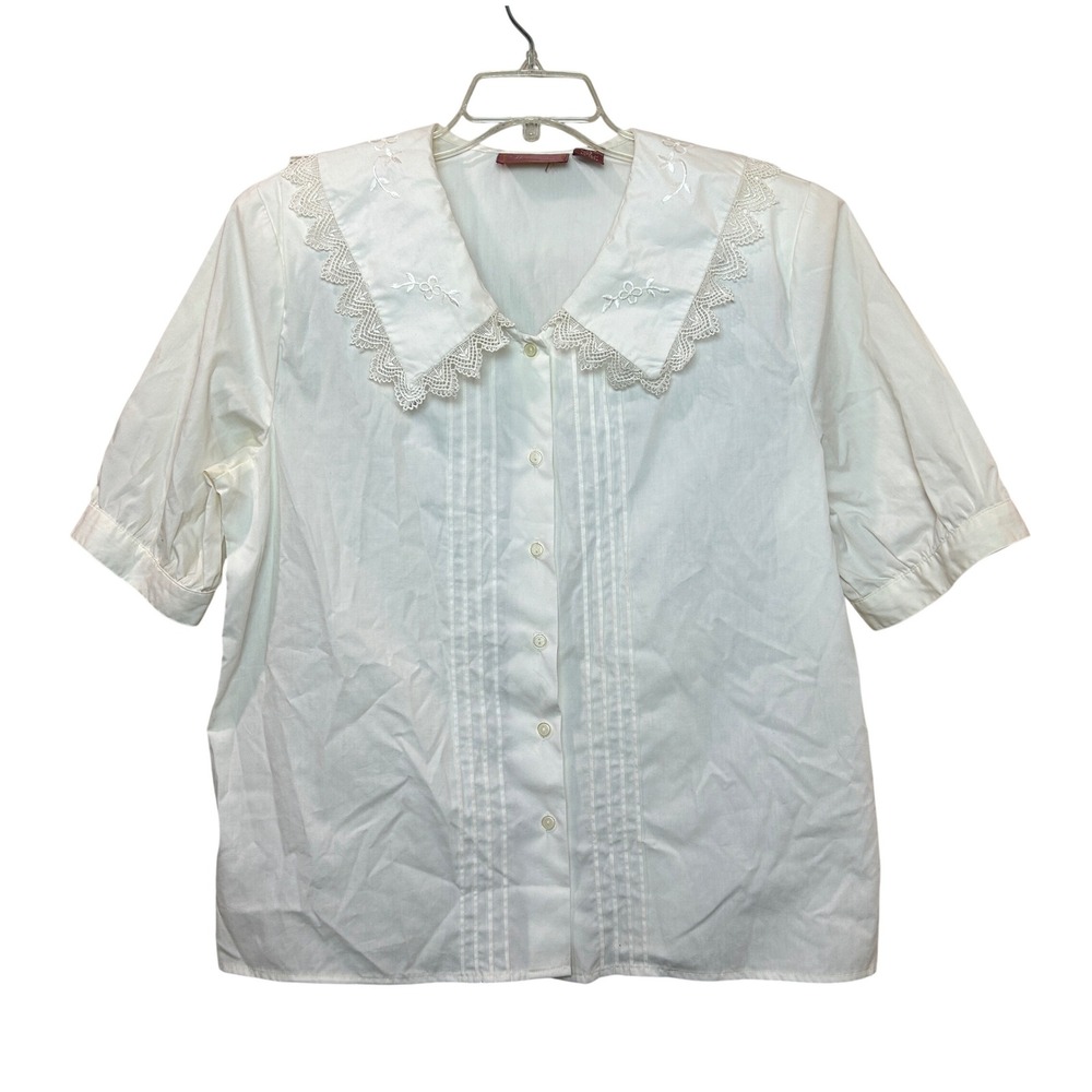 Vintage Blouse Womens 14 White Embroidered Lace Collar Pintuck Top Coquette 80s